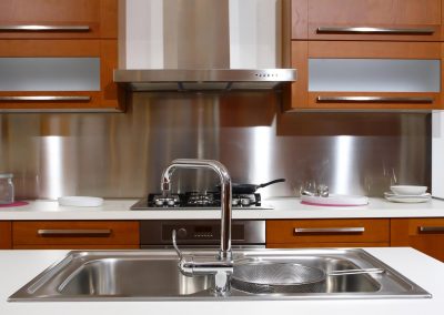 Fine image of modern wood kitchen with orange tiles