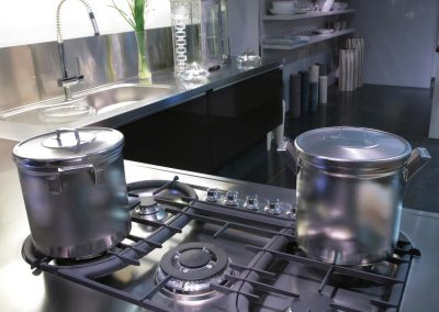 Interior of modern kitchen with steel saucepan