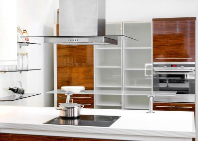 Interior of wooden kitchen with modern appliances