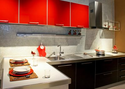 Modern kitchen counter with red details and lobster