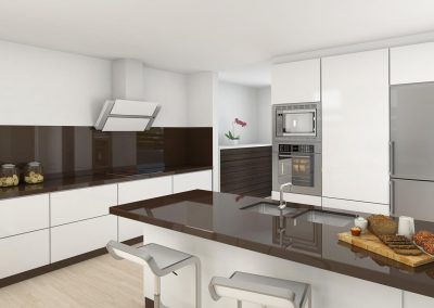 interior design of a modern kitchen in white and brown colors