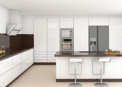 Interior design of a modern kitchen in white and brown colors frontal view